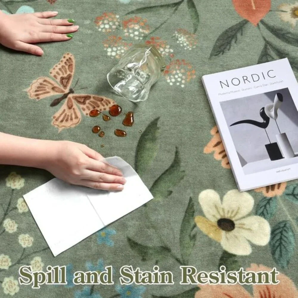 New 5x7 Green Floral Area Rug, Washable Non-Slip Low-Pile Carpet for Living Room